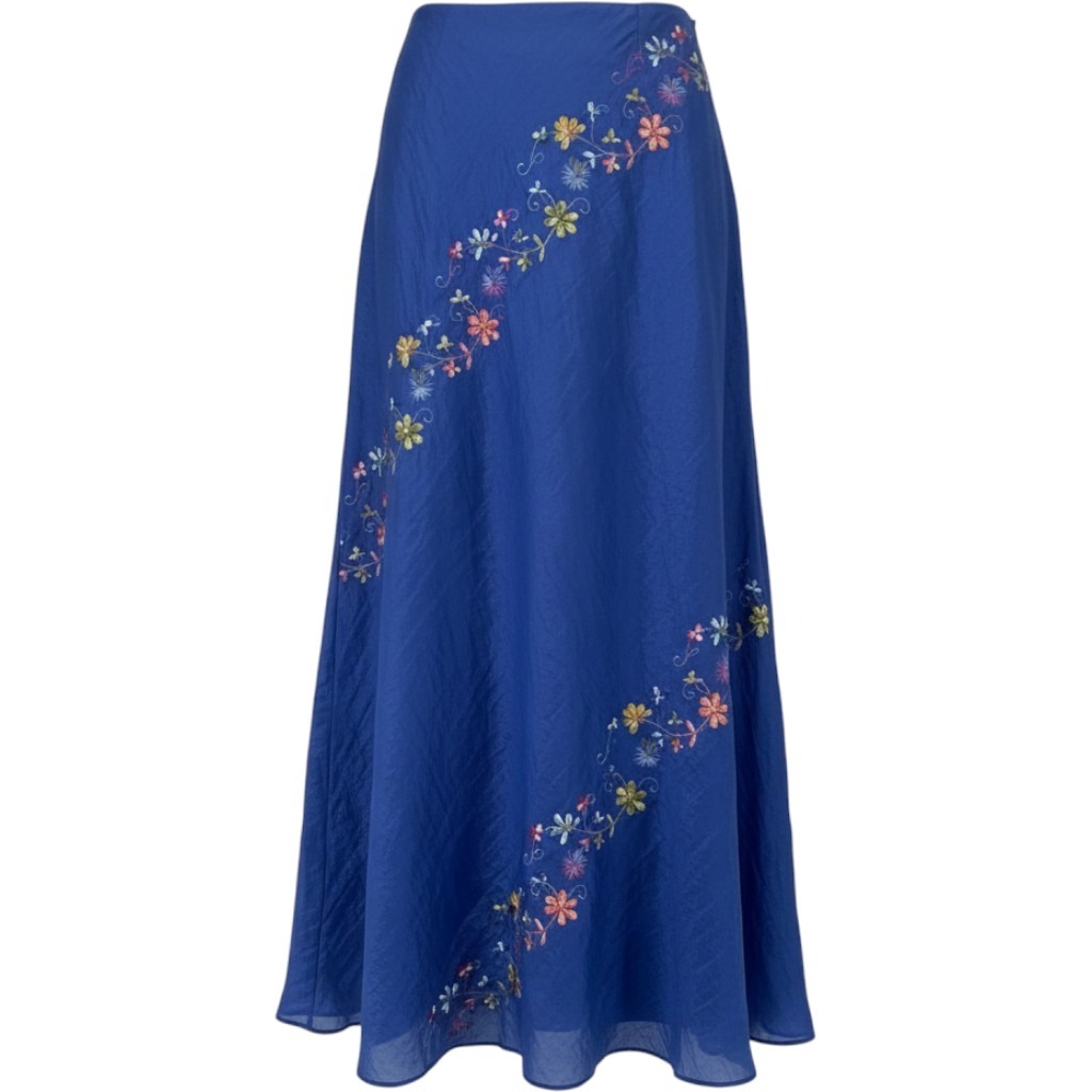 Vintage Abs Allen Schwartz Y2k Blue Floral Embroidered Maxi Skirt Sz 4 Fairy